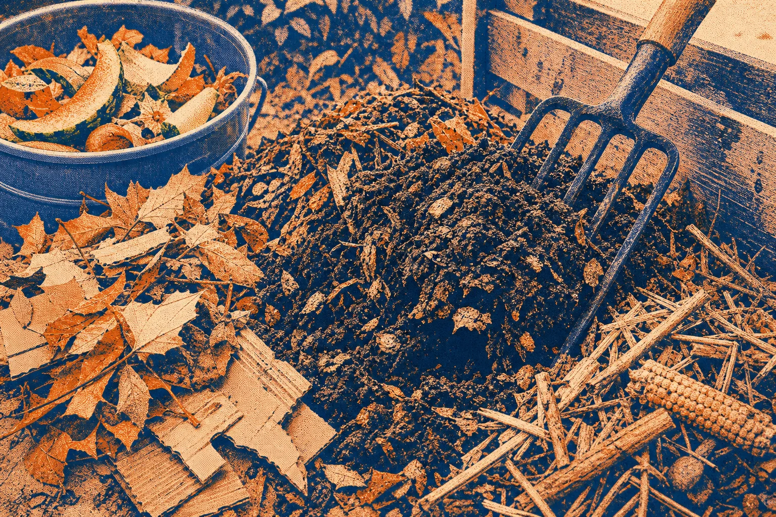 Compost materials including dry leaves, food scraps, cardboard pieces, and garden fork outdoors