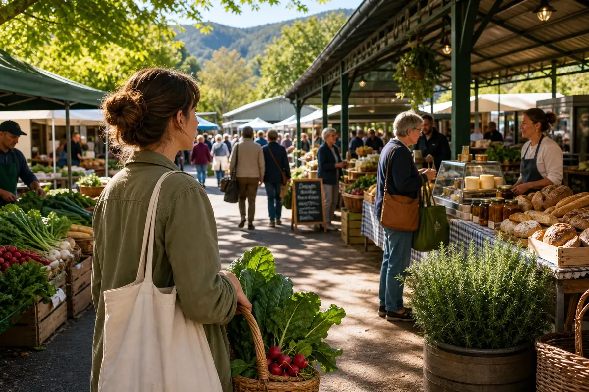 Woman holding basket of fresh vegetables walking through sunny outdoor farmers market with stalls and shoppers