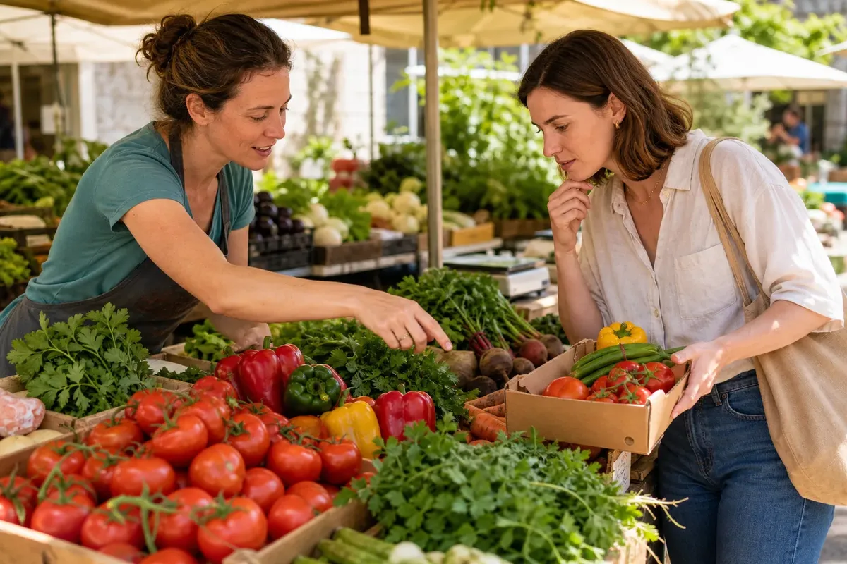 Two women at a sunny outdoor market selecting fresh red tomatoes and colorful bell peppers