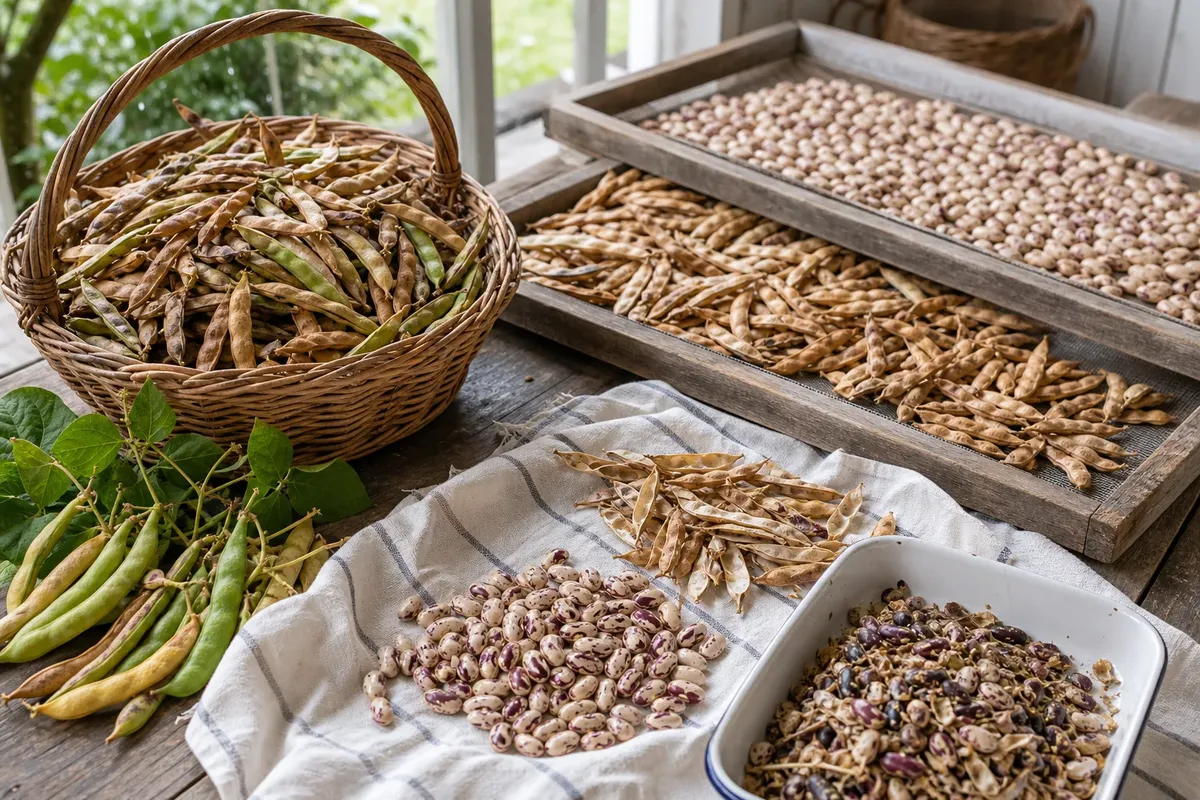 Various stages of drying and sorting fresh beans on a wooden table near a window with natural light