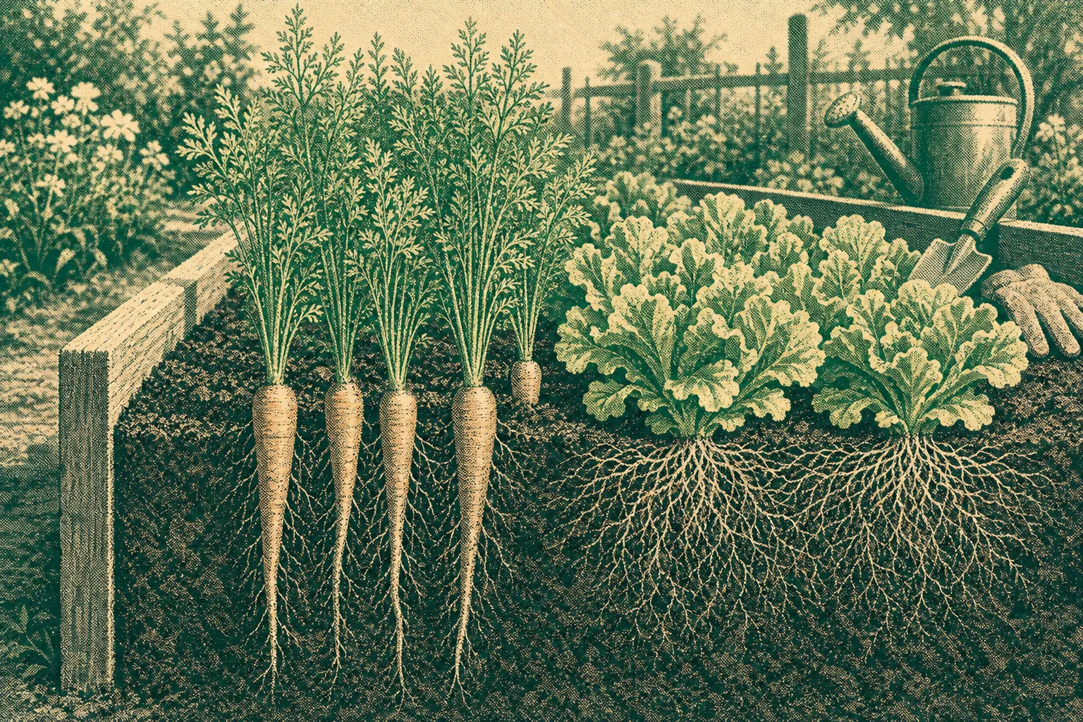 Garden bed with carrot and lettuce plants showing detailed roots beneath soil and gardening tools nearby
