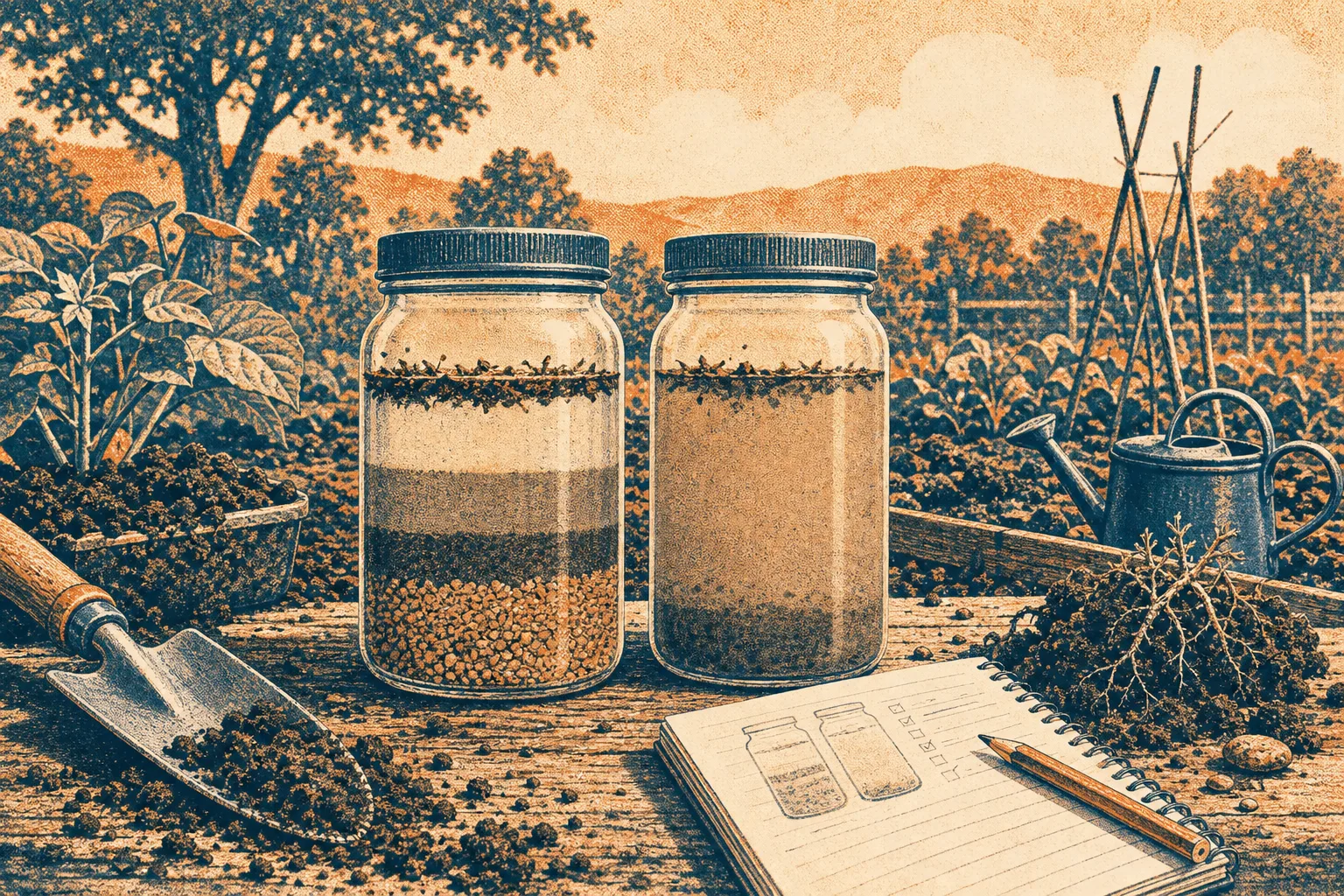Two glass jars filled with layered soil samples on a wooden table with gardening tools and plants outdoors