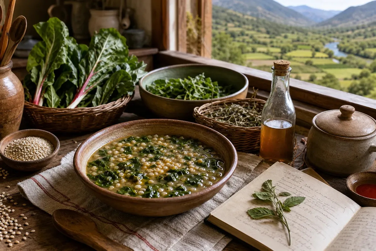 Rustic wooden table with a bowl of green leafy soup, fresh greens, grains, glass bottle, and open handwritten notebook