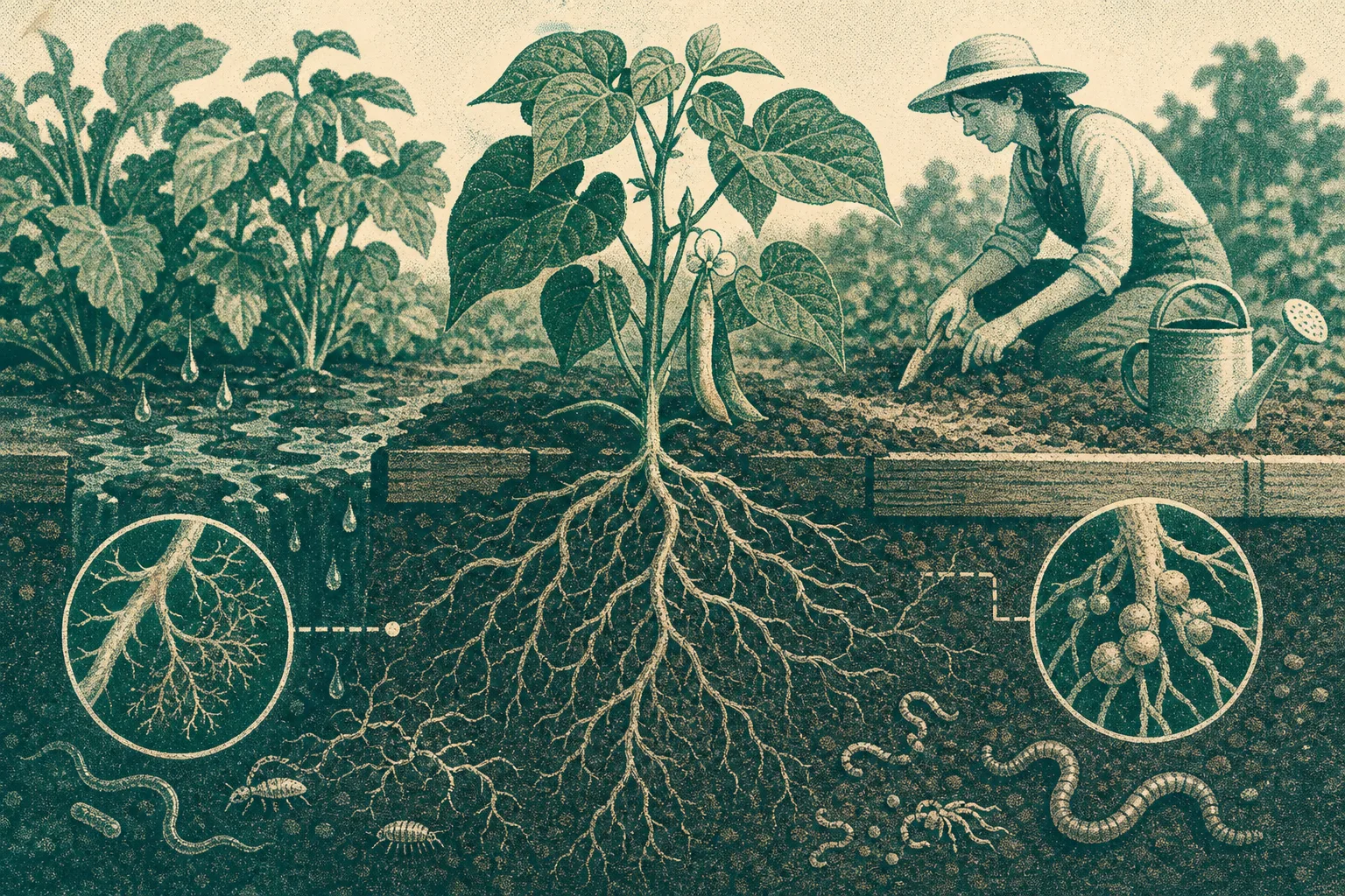 Person tending garden soil near healthy green plants with detailed underground root system and earthworms