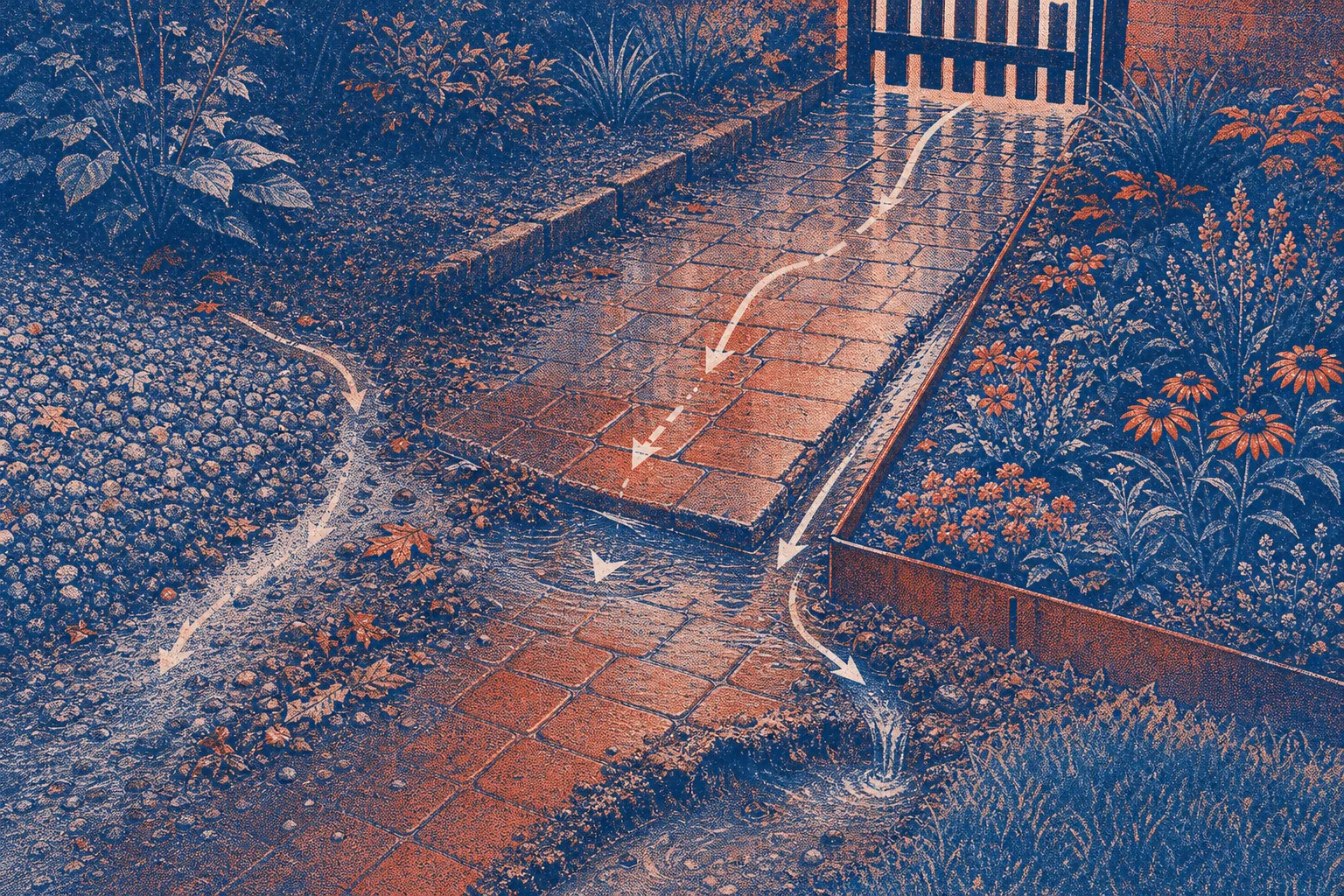 Wet garden path with arrows showing water flowing off paved stones into surrounding gravel and flower beds