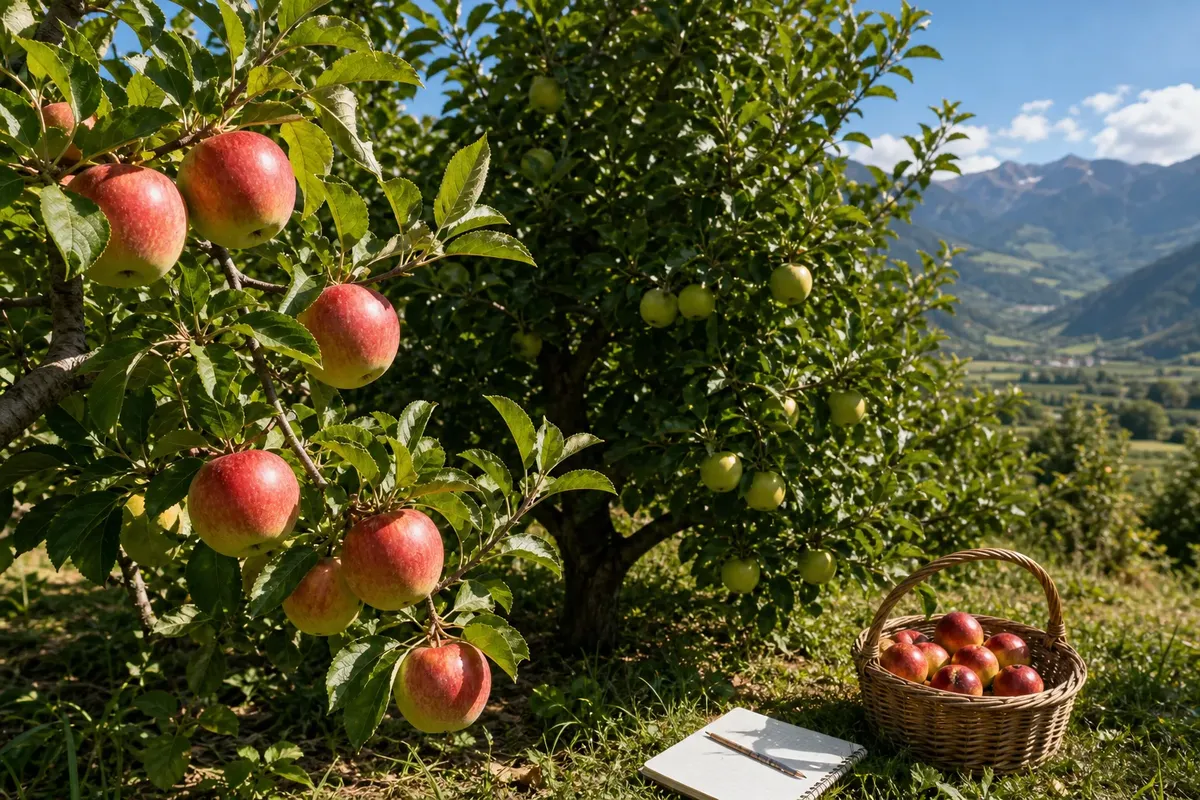 Sunlit apple orchard with ripe red and green apples on trees and a basket of apples on grass